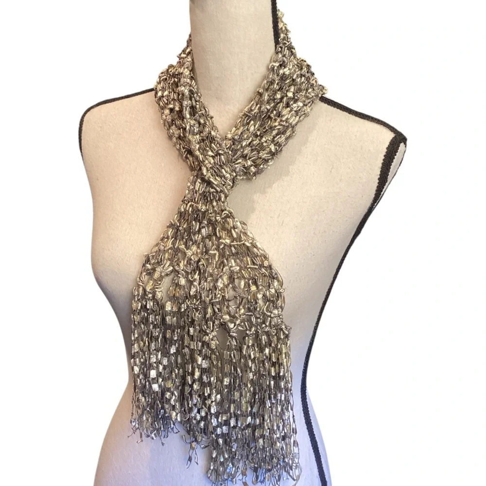 Handcrafted Fancy Ribbon Knit Fringe Scarf Gold, Brown, and Silver Stretch Boa‎